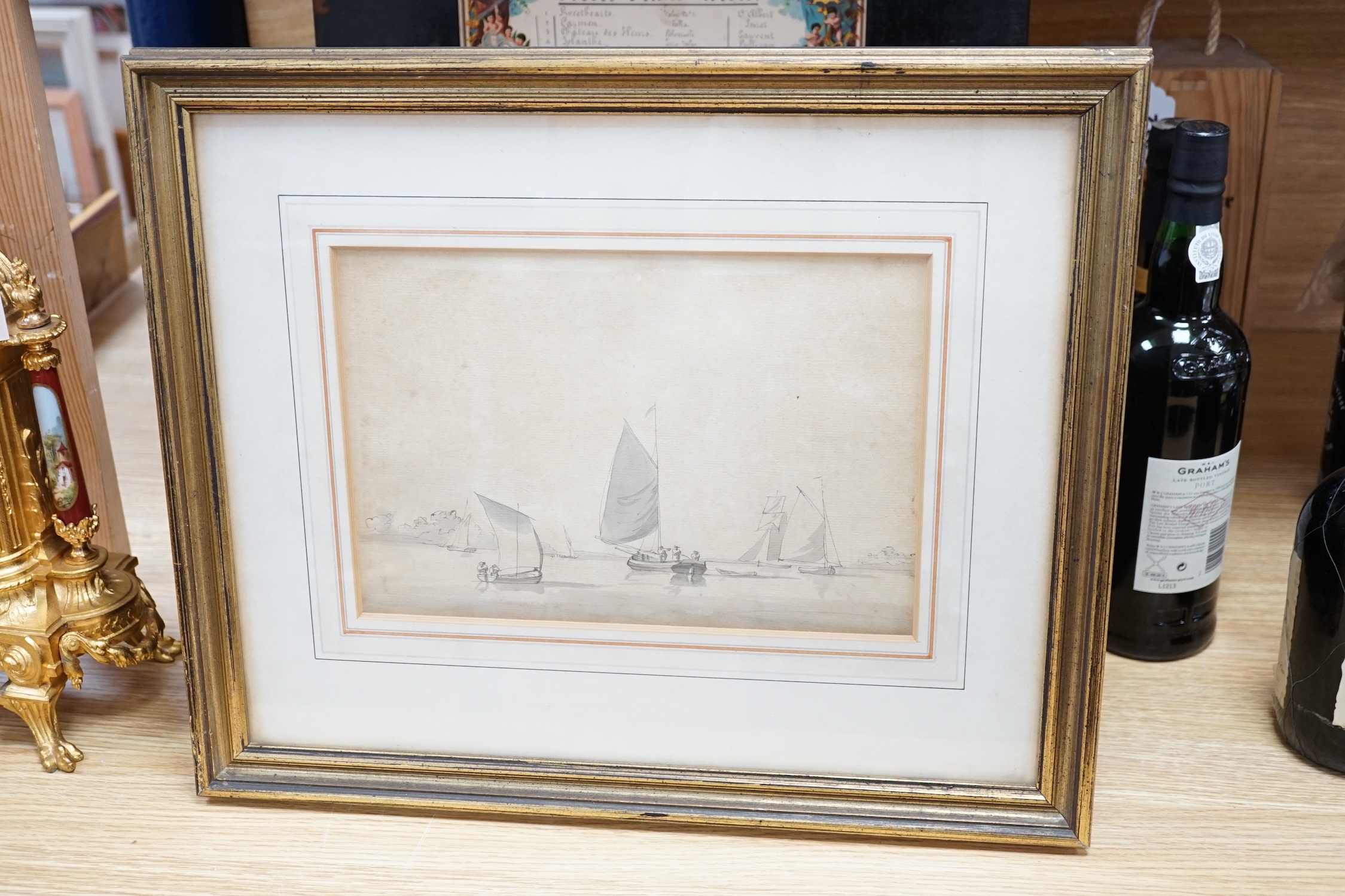 William Anderson (1757-1837), monochrome watercolour, Sailing boats, 18 x 27cm. Condition - fair, discolouration